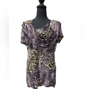 Susan Lawrence Elegant Purple & Black with animal print Cowl Neck Boho Blouse M